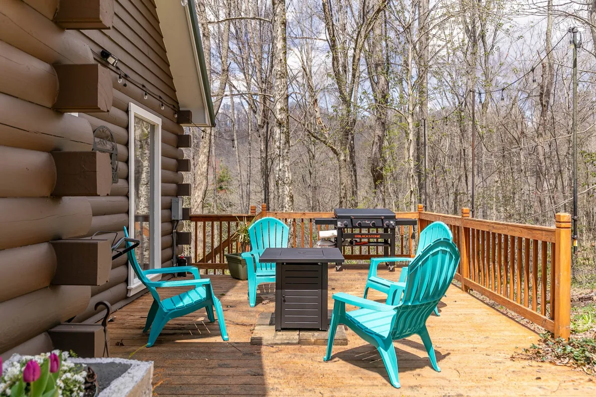 A relaxed outdoor dining area on a deck featuring turquoise chairs, a black table, a grill, and a flower pot. The deck is set against a backdrop of nature, suggesting a comfortable spot for morning coffee or sharing meals after a day of adventure.