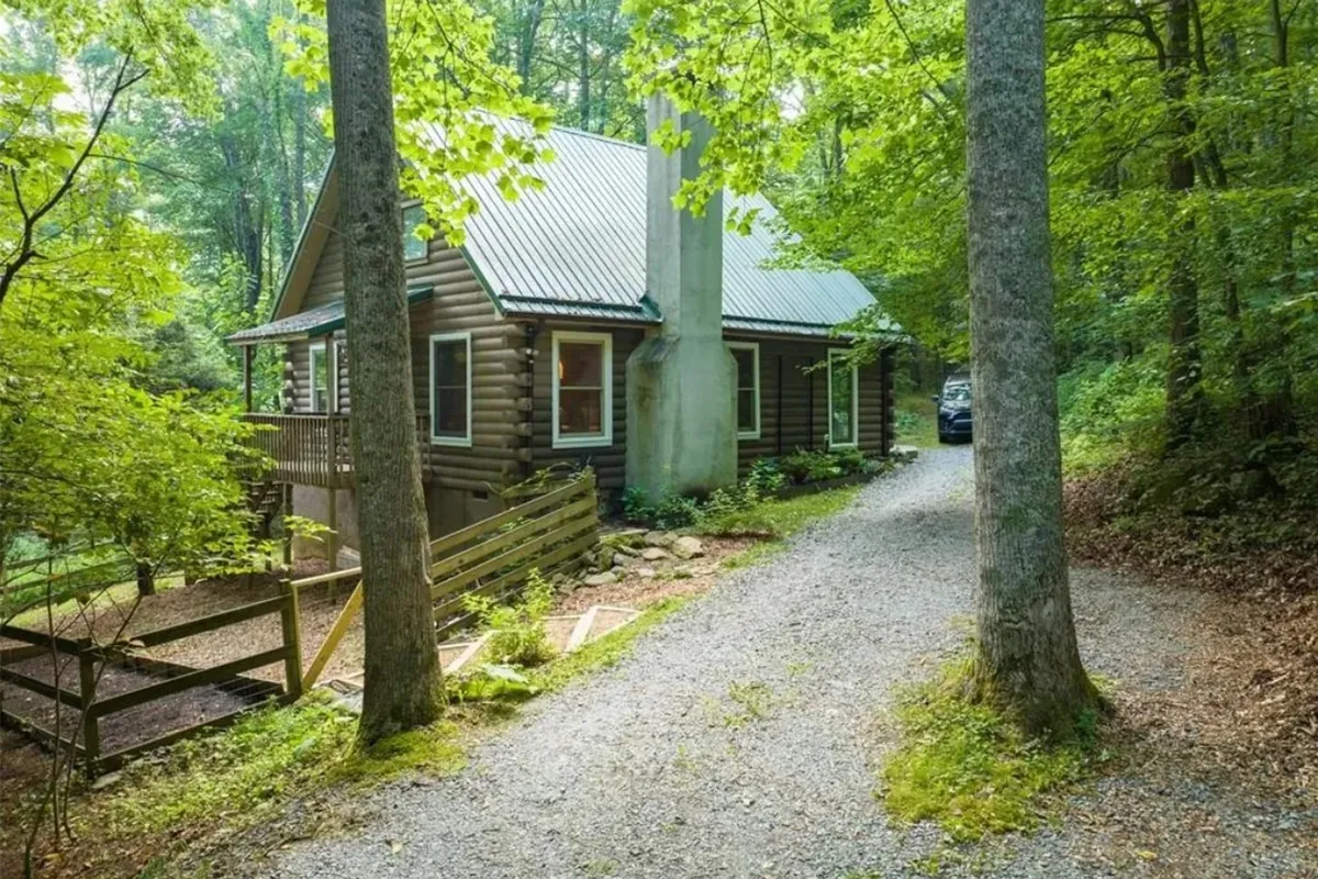 This image captures the exterior of the log cabin surrounded by lush greenery, with a gravel driveway leading up to the home and a visible deck area. The drive is prominently featured, emphasizing the approach to the property and hinting at its historic path.